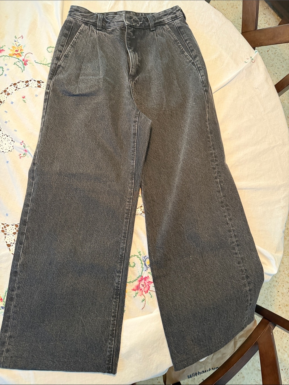 GU washed gray/black Pleated Wide-Leg Denim Trousers size Small 26 inch